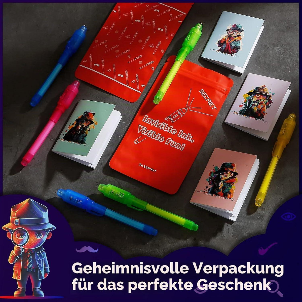 Geheimstift Set mit UV-Licht & Notizblöcken – 16er Pack