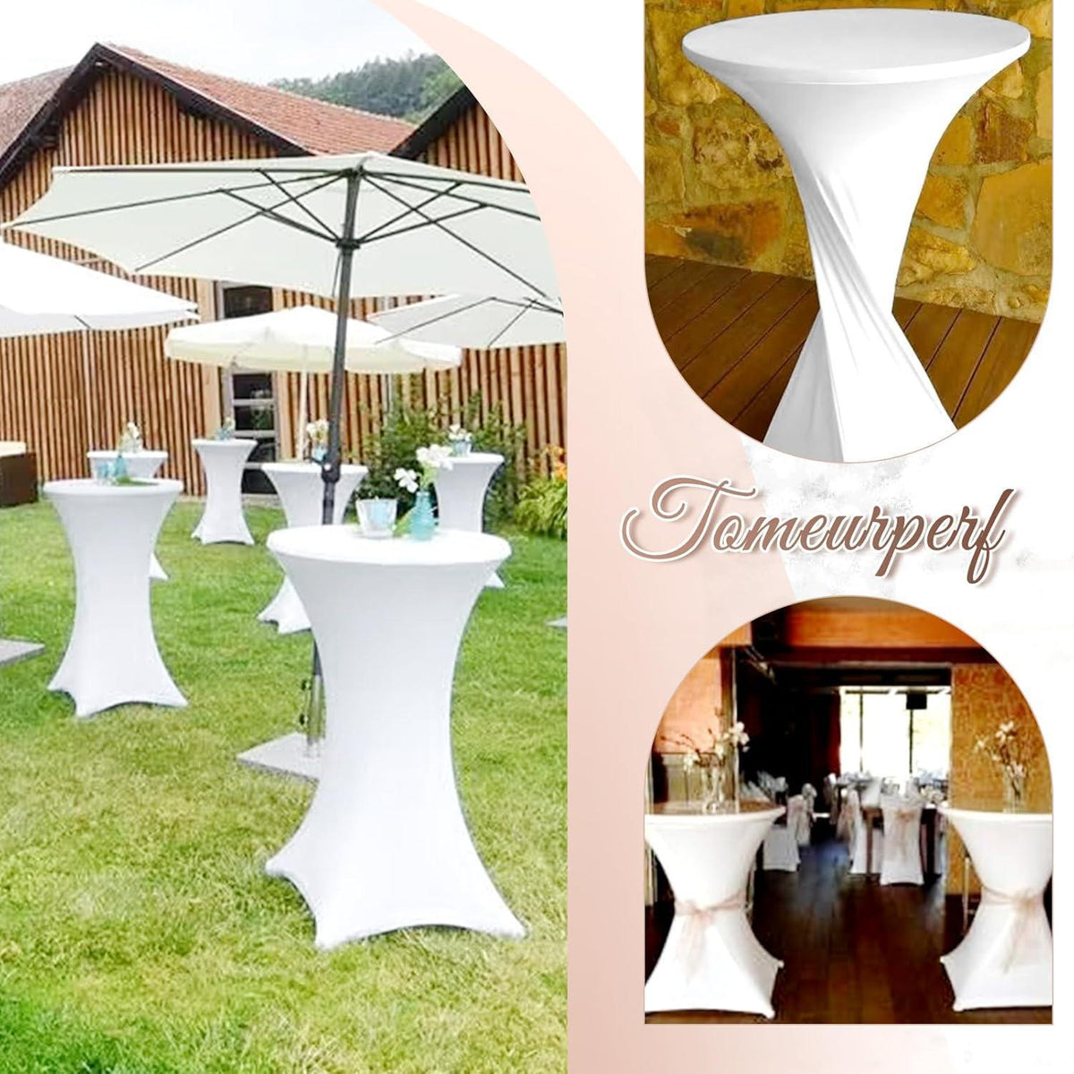 10er Set Stehtischhusse Weiß für Ø 80-85 cm, Stretch-Tischdecke mit Fußtaschen