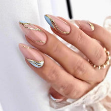 24 Stück Gold Glitzer Wavy Mandel Nägel Zum Aufkleben Babyblau French