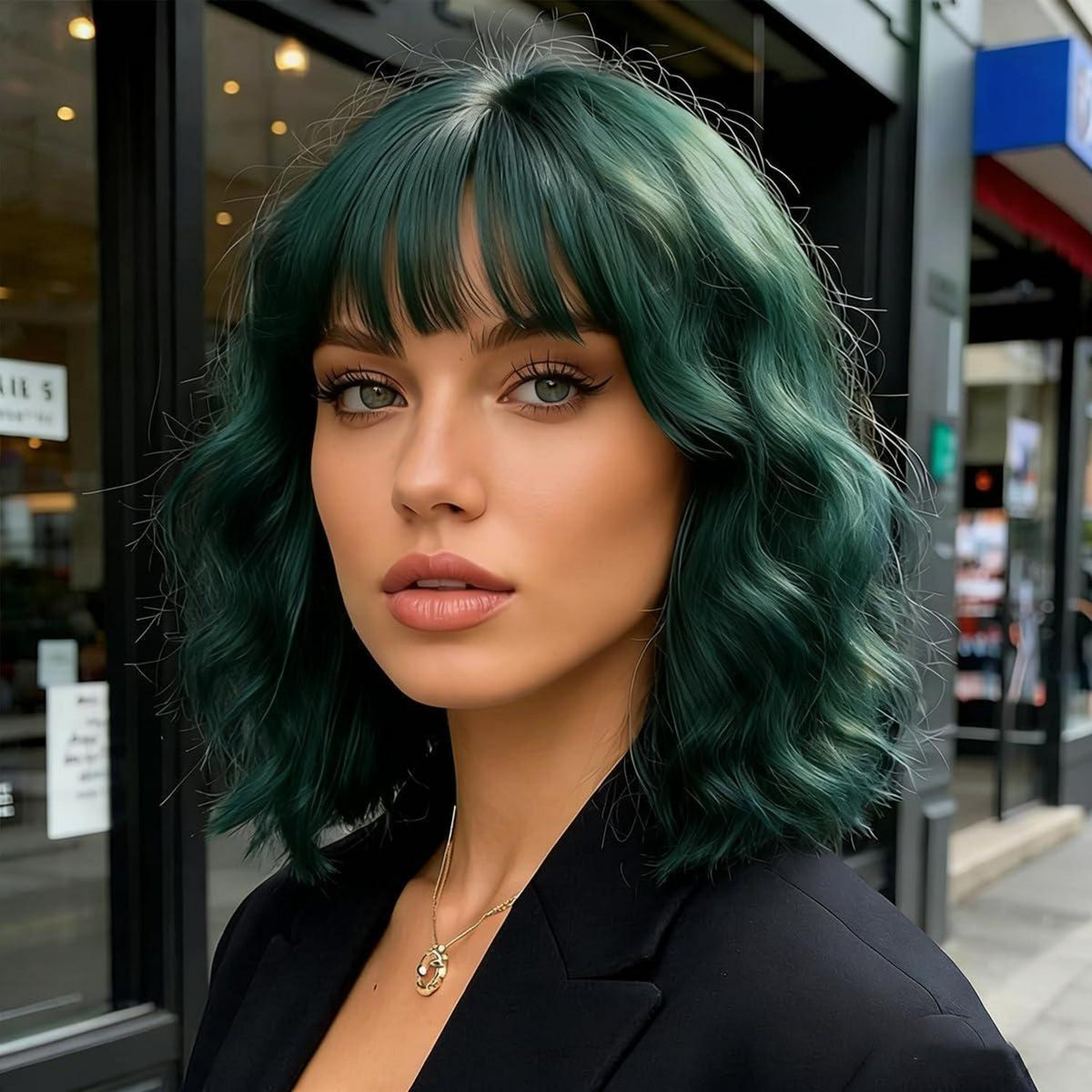 Dunkelgrüne Bob Perücke mit Pony – Damen Kurzhaar Perücke für Cosplay & Party