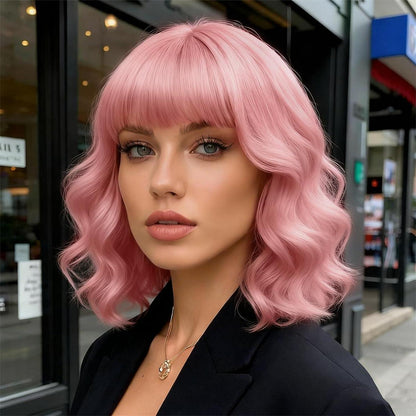 Rosa Bob Perücke mit Pony – Kurz, Wellig, Cosplay & Party
