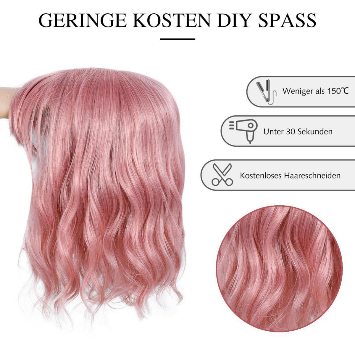 Rosa Bob Perücke mit Pony – Kurz, Wellig, Cosplay & Party