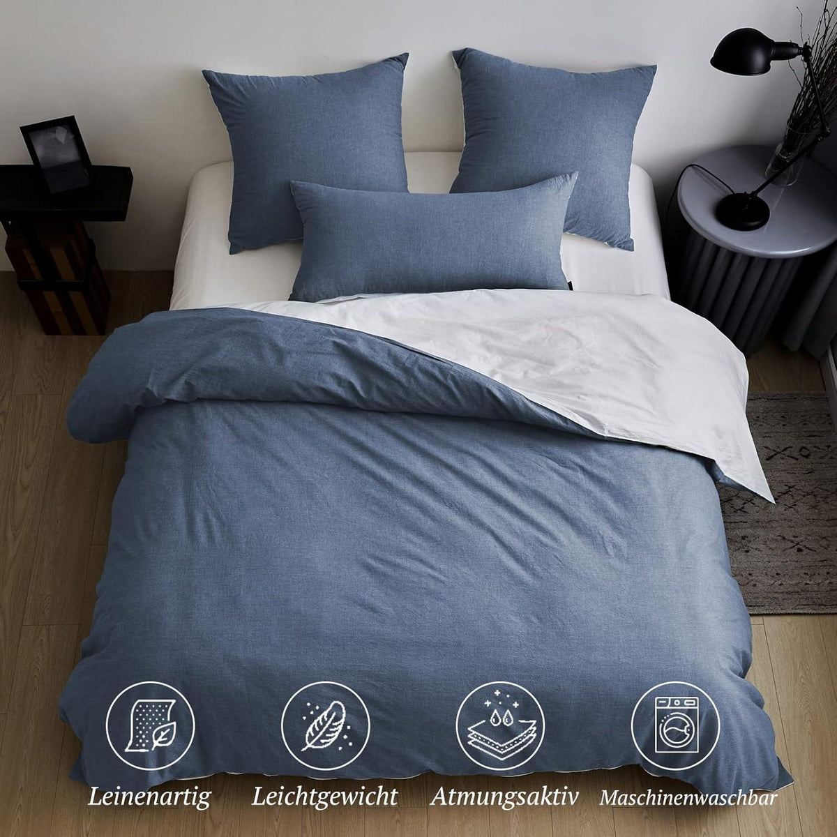 SOULFUL Bettwäsche 200x200 Baumwolle Blau Stone Washed