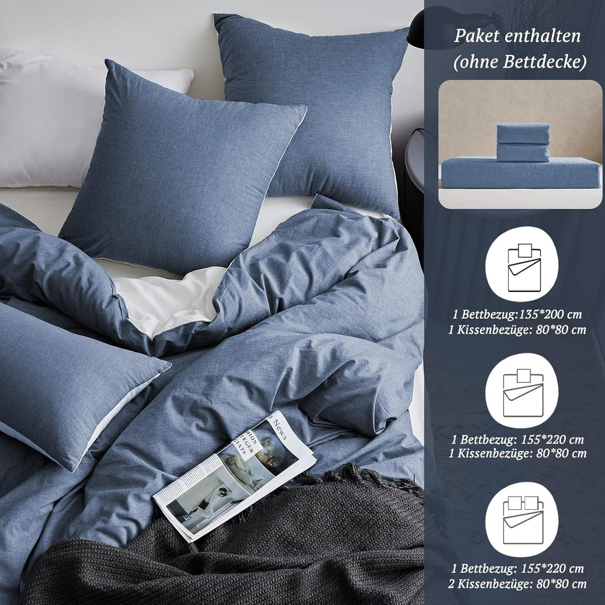 Bettwäsche Set 155x220 Baumwolle Denim Blue 2tlg. Stone Washed