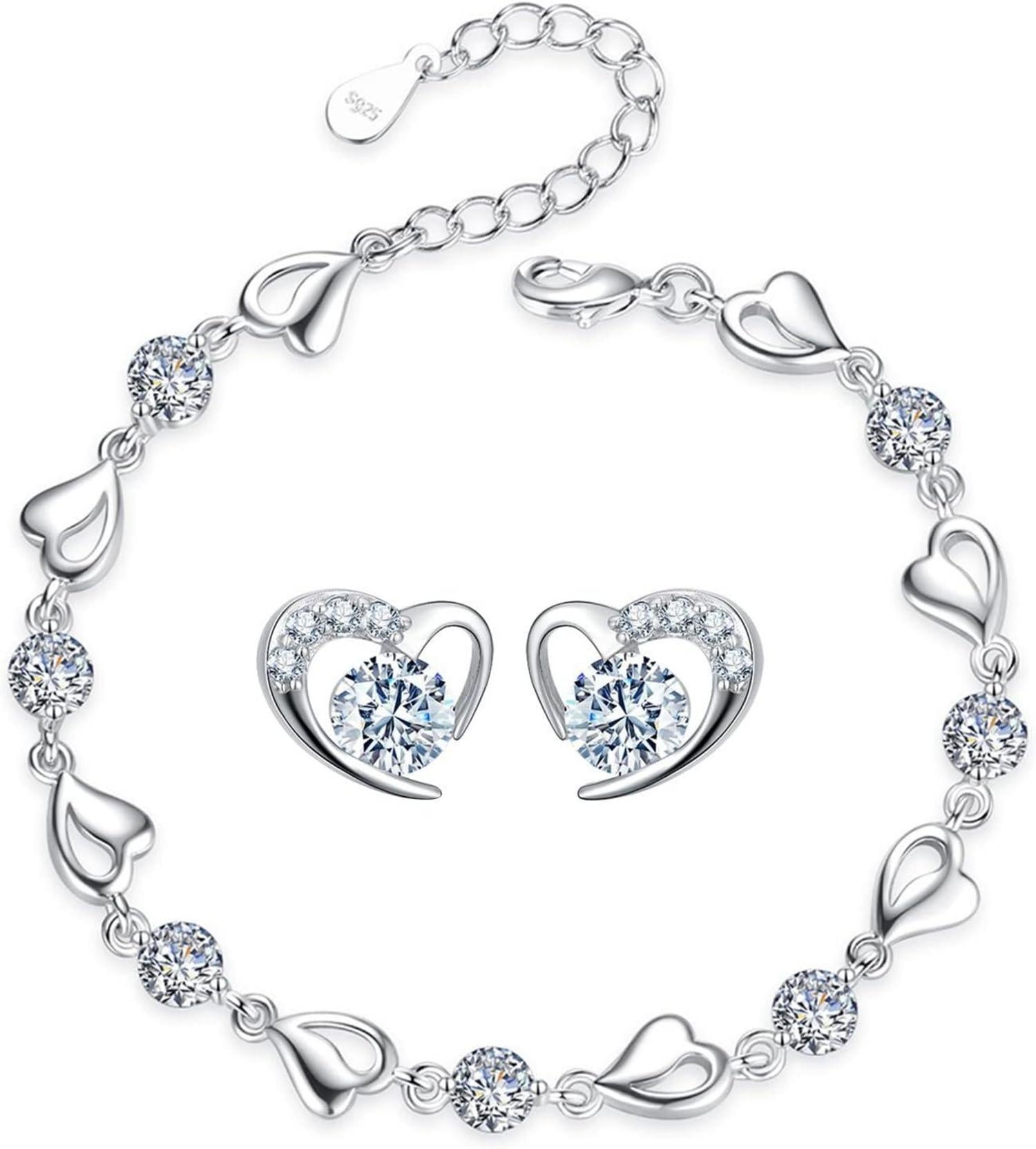 Silber Kristall Herz Armband Ohrringe Schmuck Set Love Form