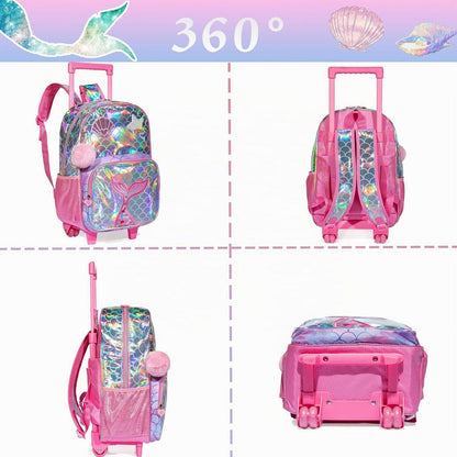 Meerjungfrau Schulrucksack mit Rollen | Kinder Trolley Rosa