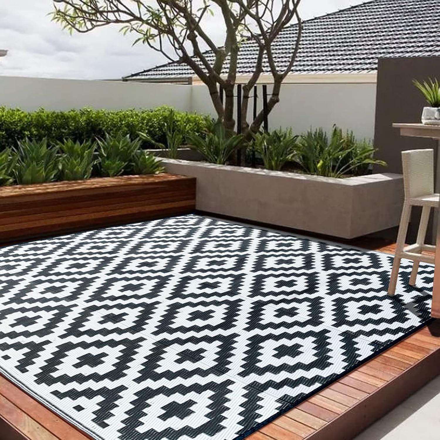 CHOSHOME Balkon Teppich 120x180cm Wetterfest Outdoor Schwarz UV Beständig