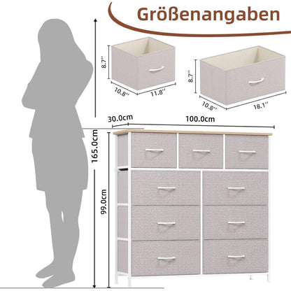 Kommode mit 9 Stoffschubladen – Aschgrau, 100x30x99 cm