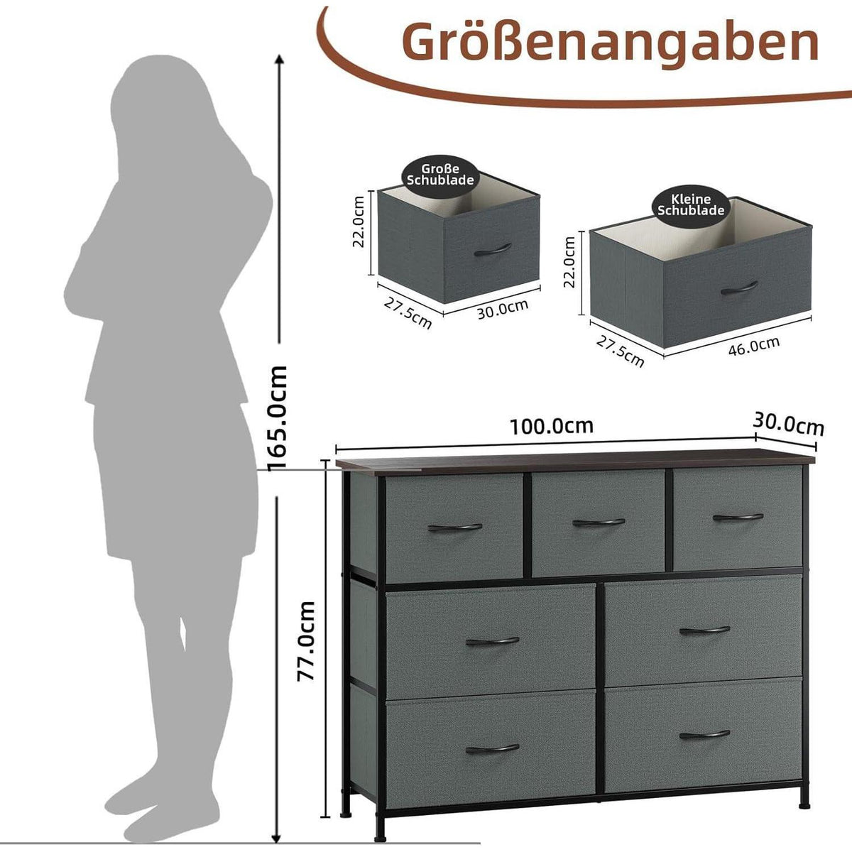Somdot Kommode mit 7 Stoffschubladen, Kohlegrau