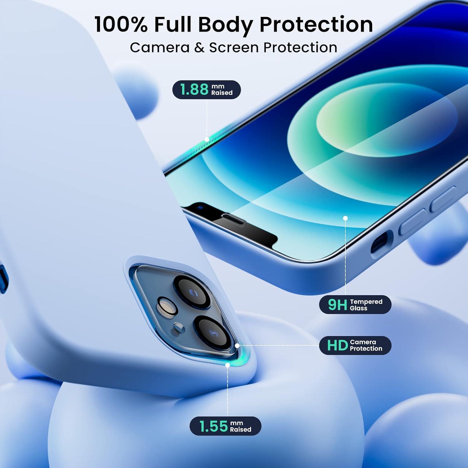 iPhone 12/12 Pro 6,1 Hülle + 2 x Schutzfolie + 2 x Kameraschutz, Ultra Dünn, Flüssig Silikon, Hellblau