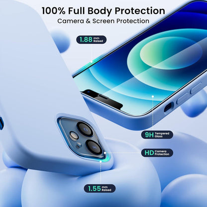 iPhone 12/12 Pro 6,1 Hülle + 2 x Schutzfolie + 2 x Kameraschutz, Ultra Dünn, Flüssig Silikon, Hellblau