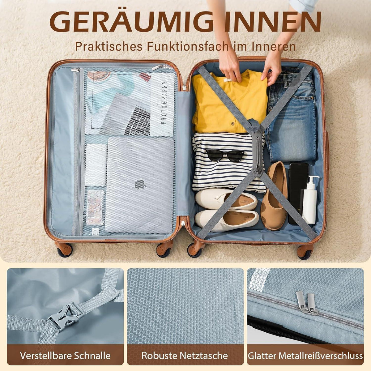 COOLIFE Koffer-Set | TSA-Schloss, 4 Rollen, Weiß/Braun