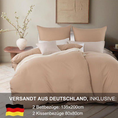 Bettwäsche 135x200 4tlg Beige Microfaser Weich mit Reißverschluss