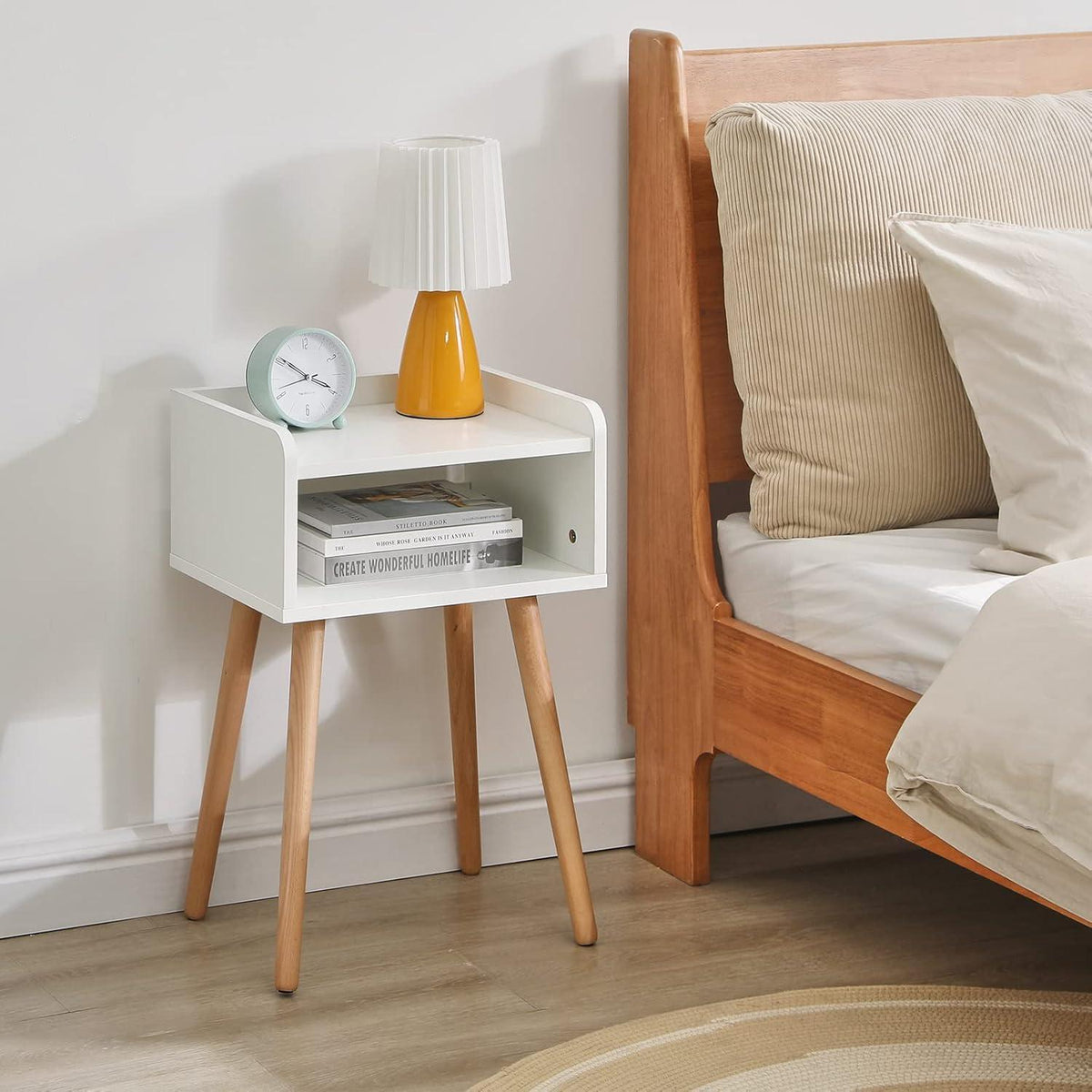 Nachttisch skandinavisches Design, Massiv Holz, Weiß, 38.5x29x59.5cm