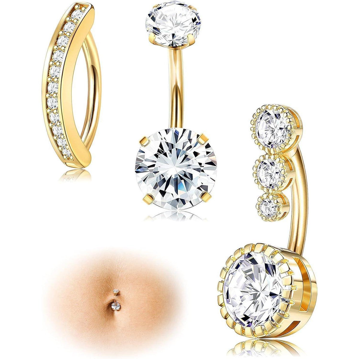 Bauchnabelpiercing 14G 316L Edelstahl mit Opal und Zirkonia, Gold