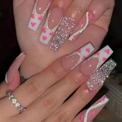 24 Stück Falsche Nägel Lange Press on Nails Glitter Rosa Herzen Glossy