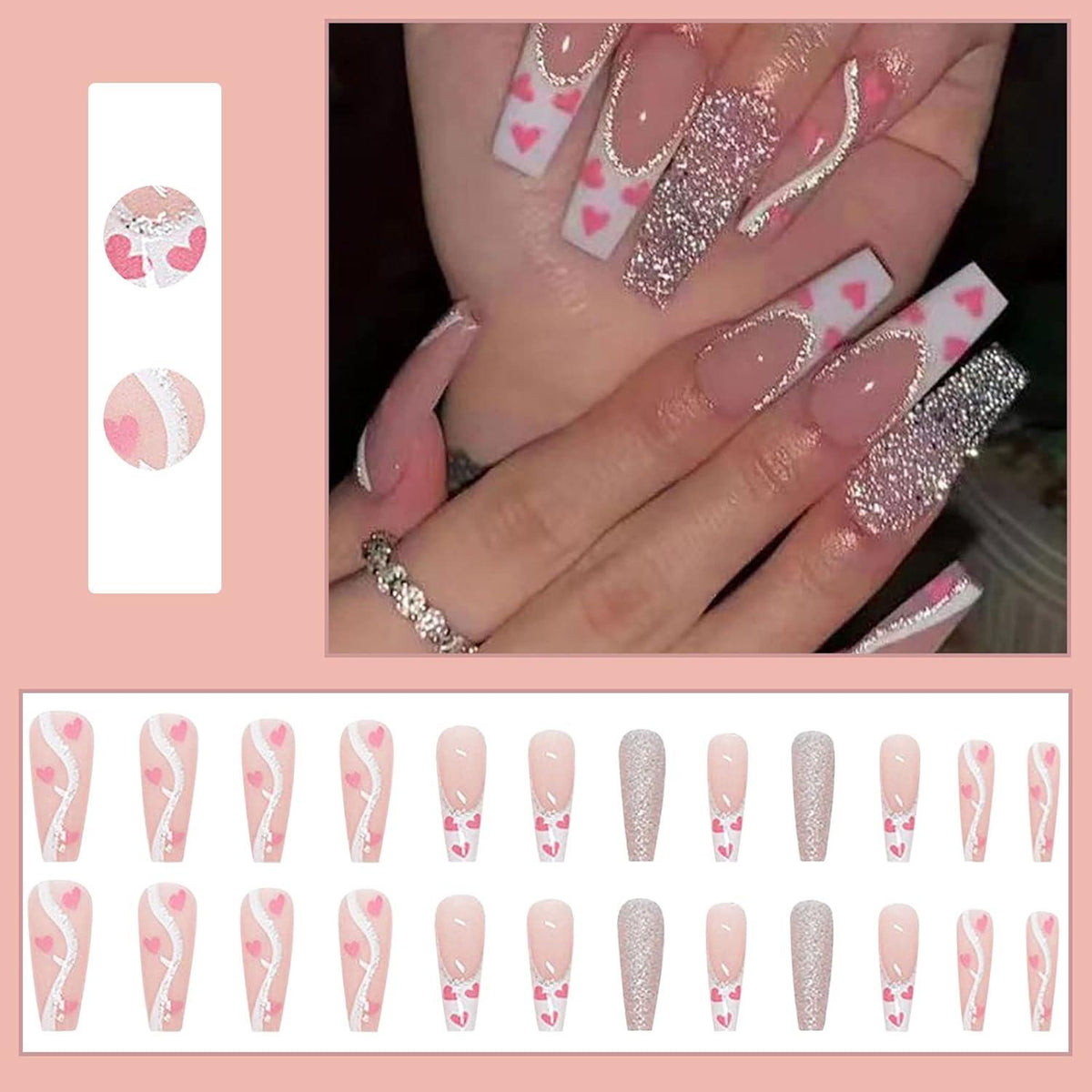 Ceboic Lange Press on Nägel Glitter Ballerina Rosa Herzen