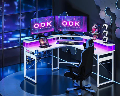 Gaming Tisch LED 2 Steckdosen 2 USB Kohlefaser Weiß 129x129