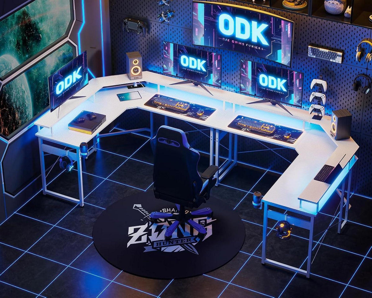 Gaming Tisch LED mit Monitorablage 2 Steckdosen USB Weiß 129x129