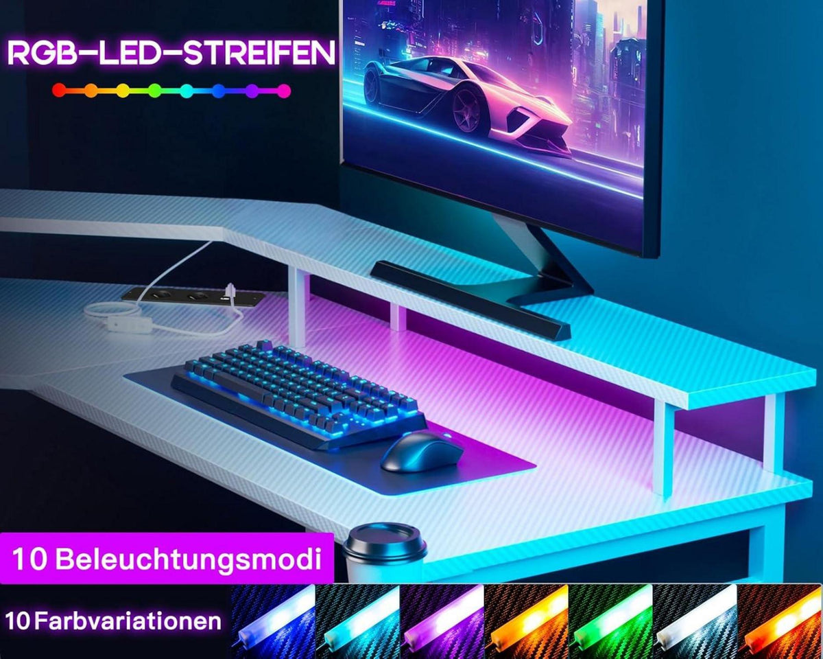 Gaming Schreibtisch LED mit Monitorablage 129x129 cm
