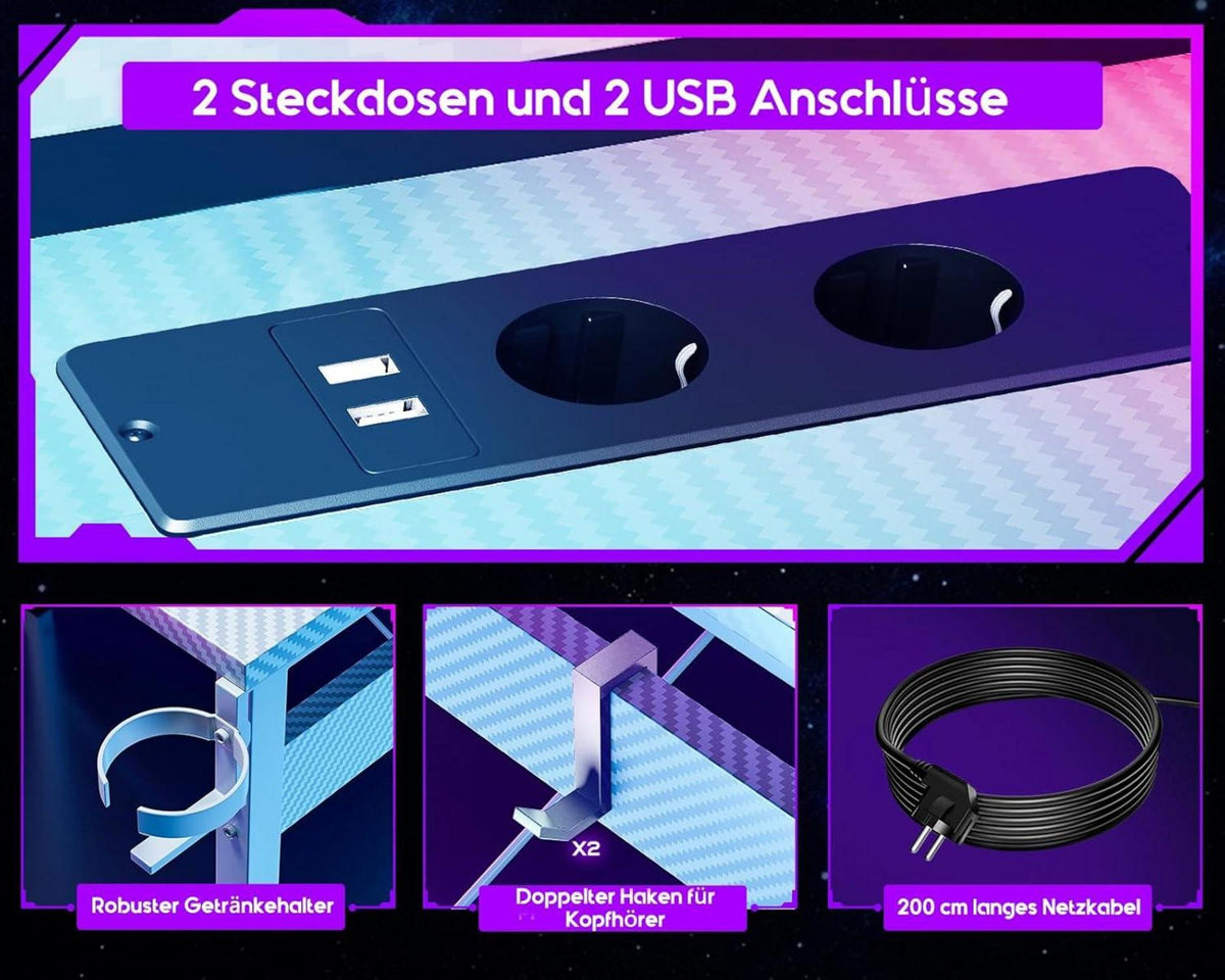 Gaming Tisch LED mit Monitorablage 2 Steckdosen USB Weiß 129x129