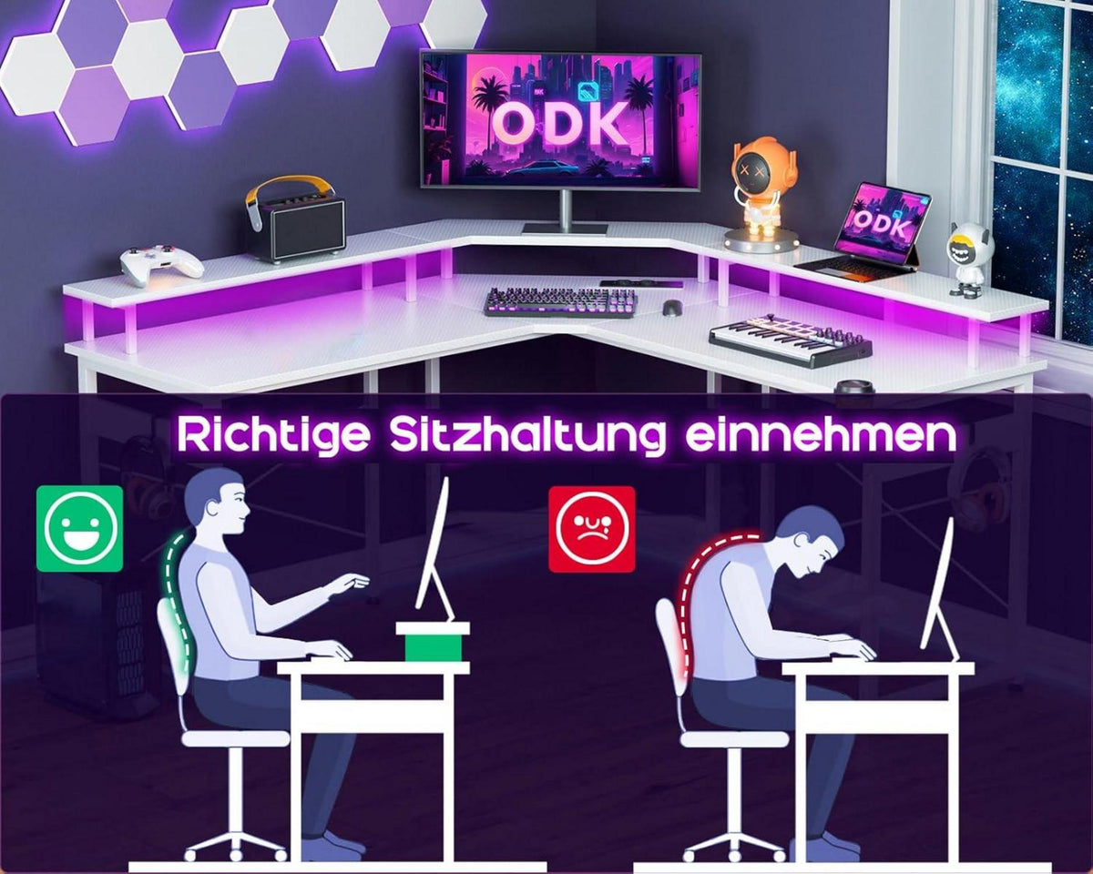 ODK Gaming Tisch LED mit 2 Steckdosen USB in Weiß 129x129cm