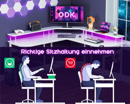 ODK Gaming Tisch LED mit 2 Steckdosen USB in Weiß 129x129cm