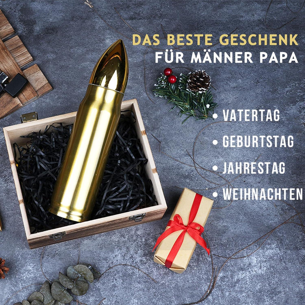 Goldene Trinkflasche 500ml Edelstahl für Männer Jäger Lustiges Geschenk