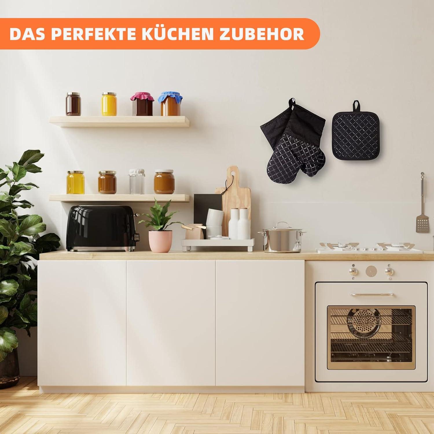 Ofenhandschuhe Topflappen Set Hitzebeständig 4er 300°C Anti-Rutsch Schwarz