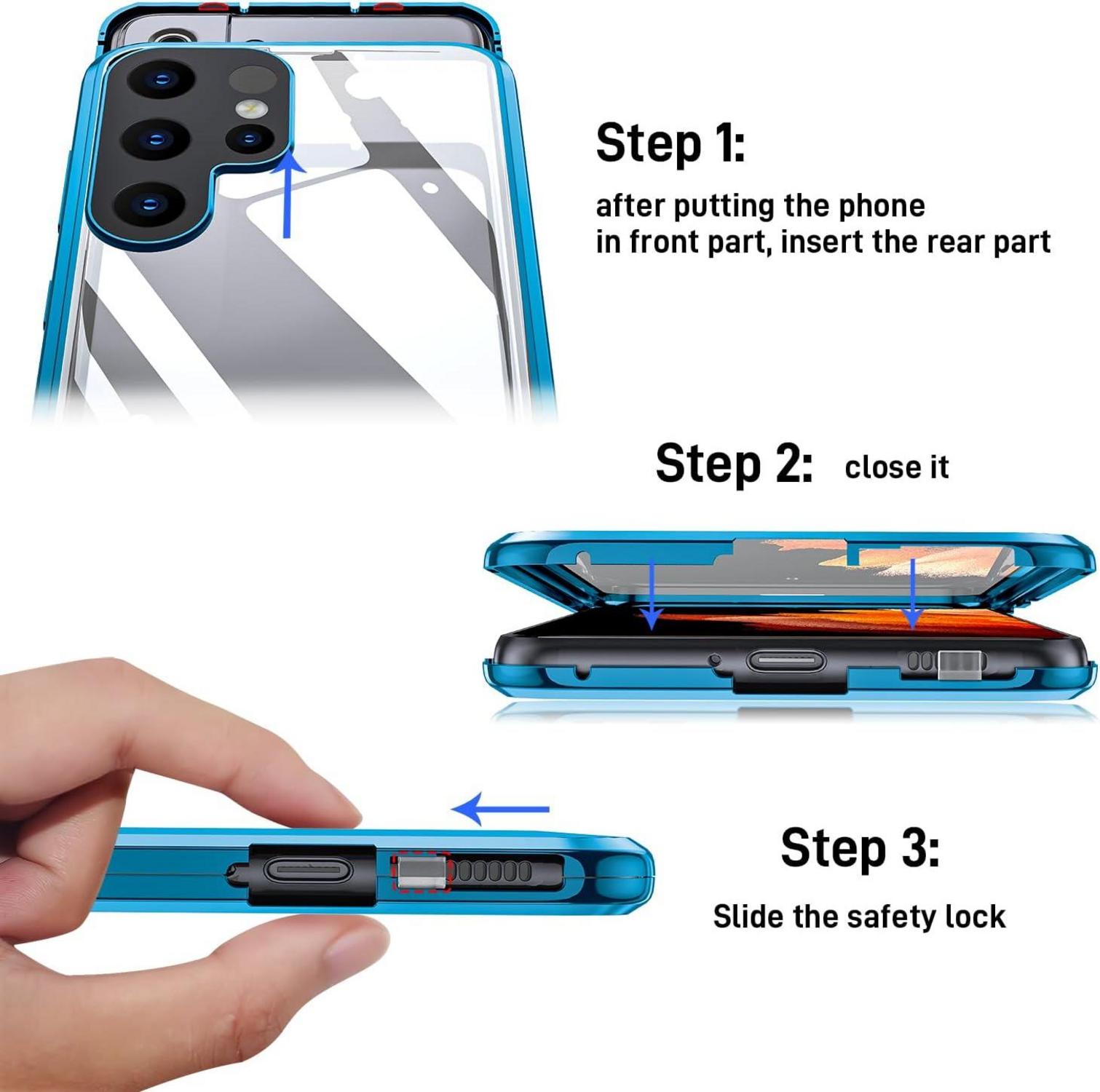 Samsung Galaxy S23 Ultra Hülle 360 Grad Schutz Aluminium Glas Blau