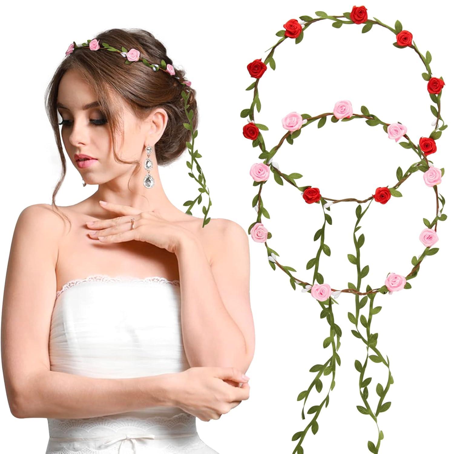Blumenkranz Haarband 2er Set Blumenkrone Hochzeit Party Rot Rosa