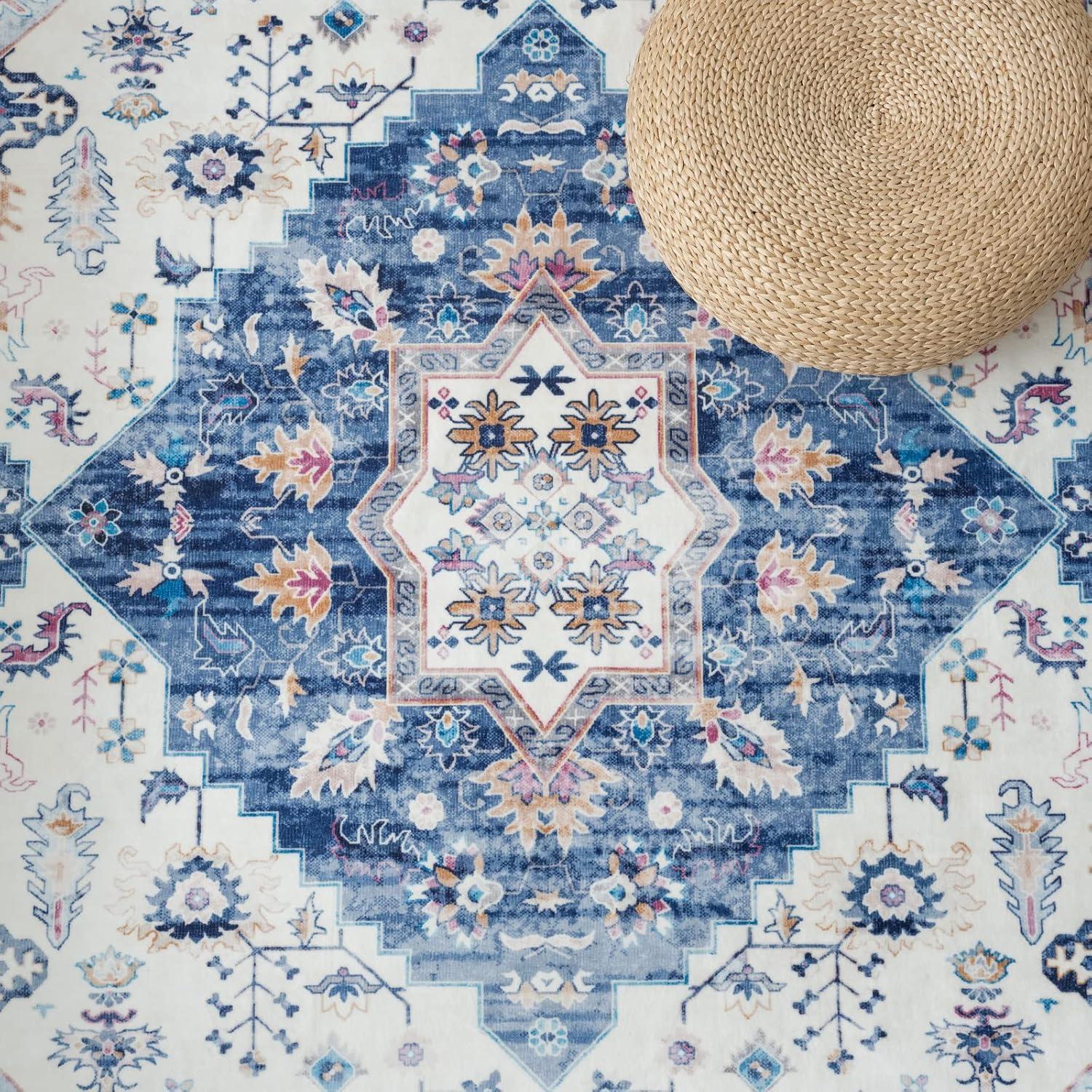 Wohnzimmer Teppich Vintage Kurzflor Outdoor Schlafzimmer 160x230 cm Blau