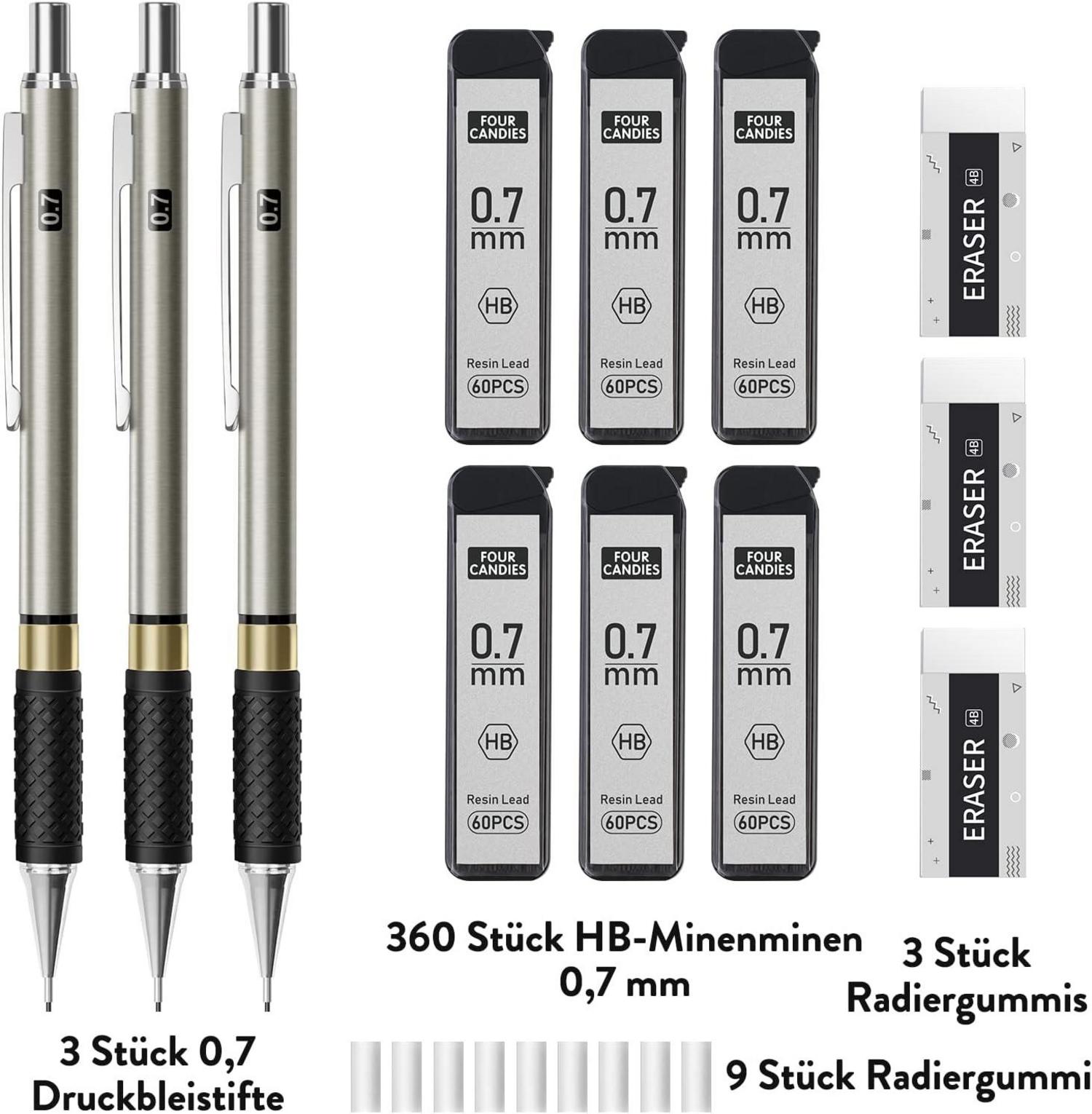 Druckbleistift Set 3 Stk. 0,7mm Metall HB-Minen Radiergummi Zeichnen