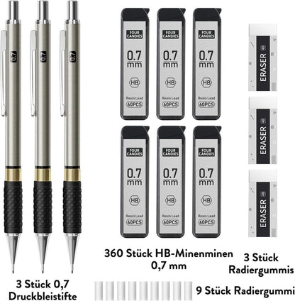 Druckbleistift Set 3 Stk. 0,7mm Metall HB-Minen Radiergummi Zeichnen