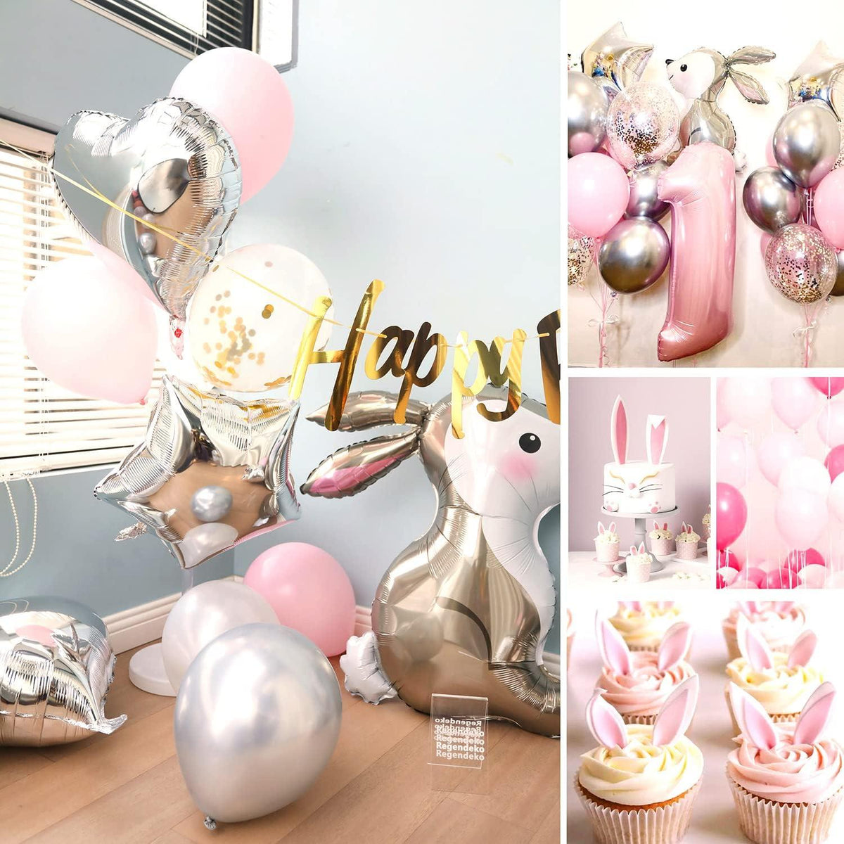 Kindergeburtstag Deko Happy Birthday Hase Rosa Tiere Ballons Mädchen