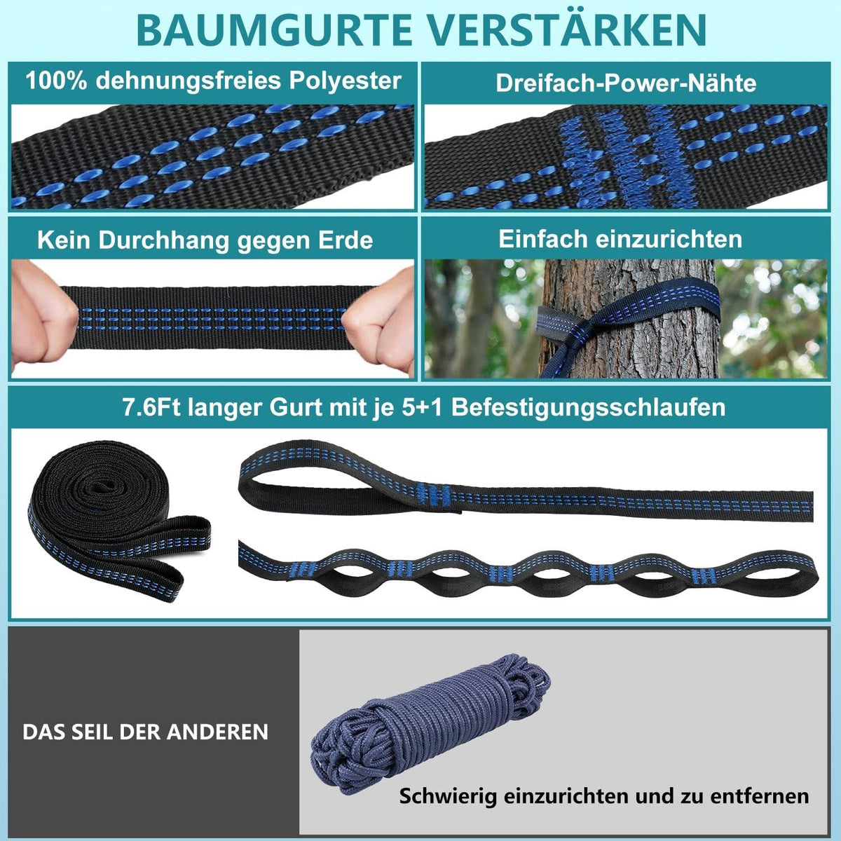 PHYSEN Hängematte Outdoor 200kg 270x140cm Seeblau mit Reisetasche