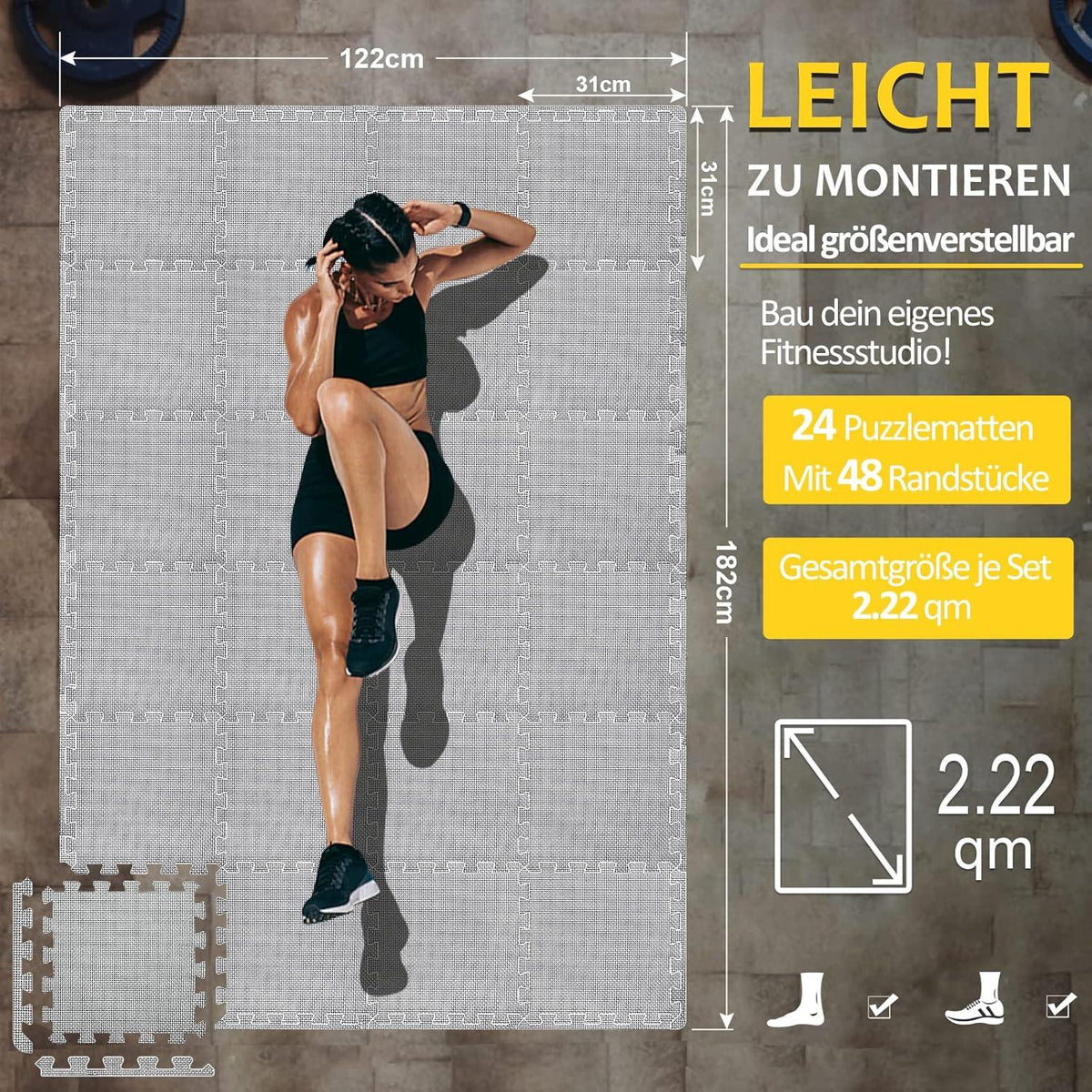 Bodenschutzmatte Fitness Set 24 Matten Eva Puzzlematte Grau