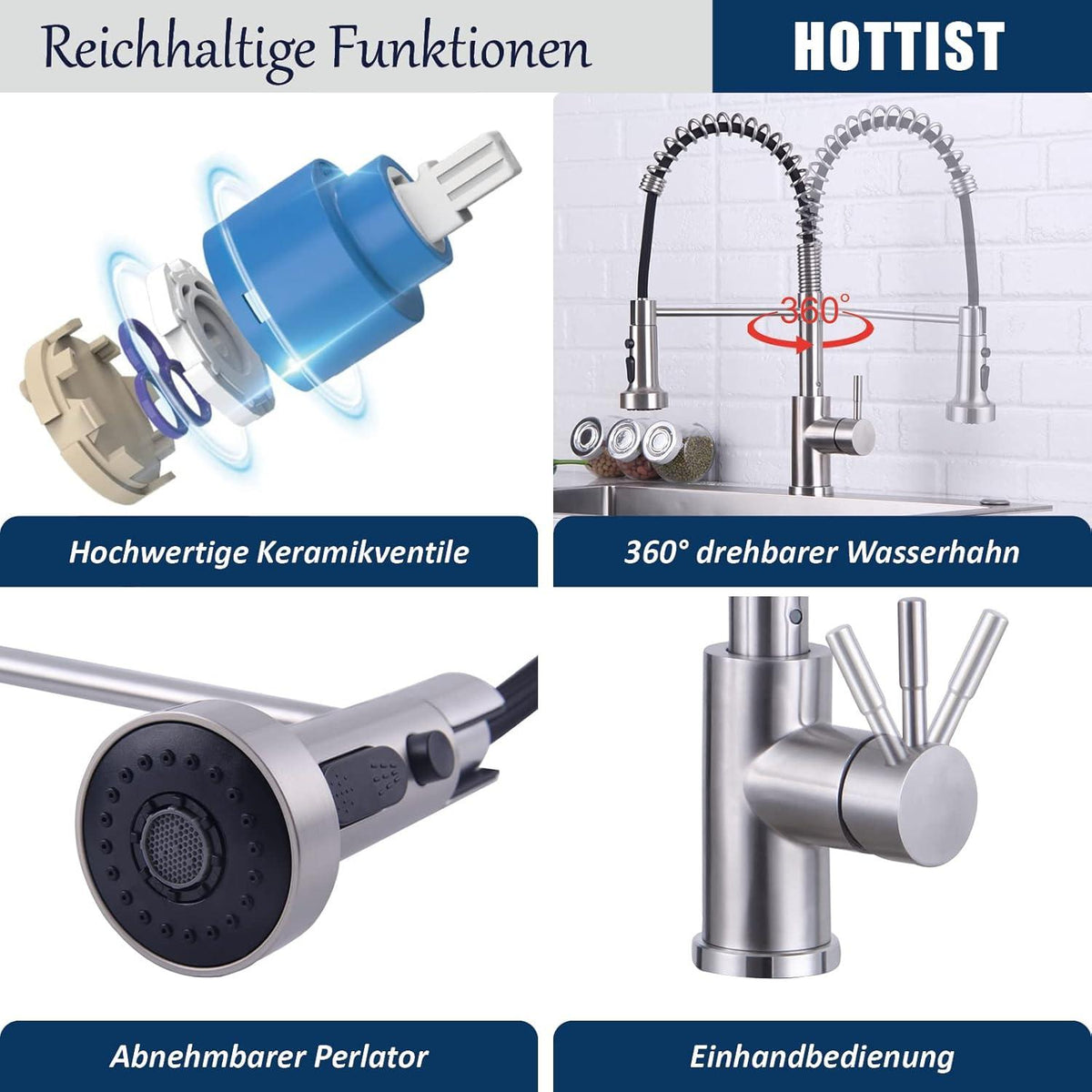 Küchenarmatur mit Brause 3 Modi Edelstahl 304 Spiralfederarmatur