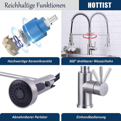 Küchenarmatur mit Brause 3 Modi Edelstahl 304 Spiralfederarmatur