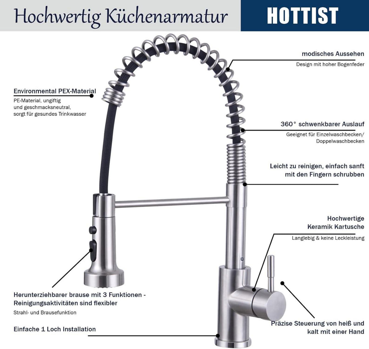 Wasserhahn Küche mit Brause Ausziehbar Edelstahl 304 3 Modi Spiral