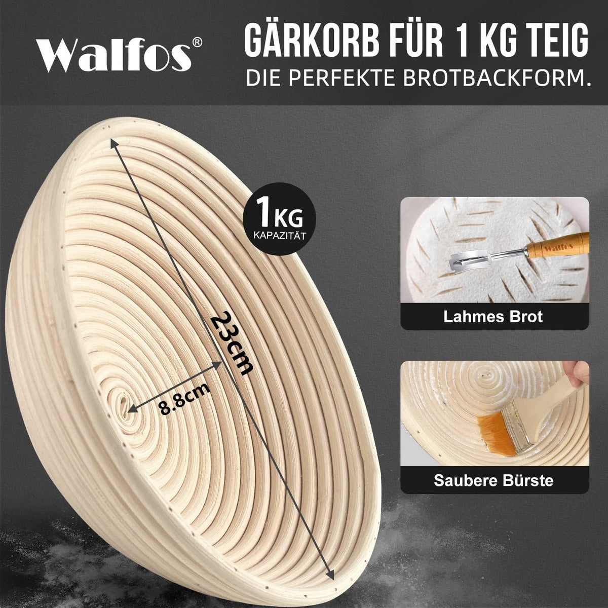 Walfos Gärkorb Set 23cm Rattan Brotbacken mit Zubehör & Leinenbezug