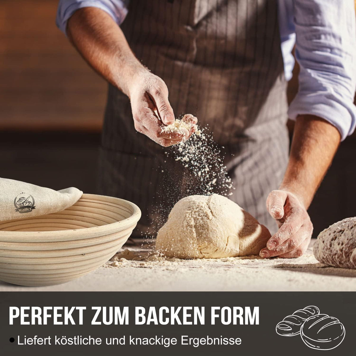 Walfos Gärkorb Set Rundes 23cm Brotbacken aus Rattan inkl. Brotmesser & Leinenbezug