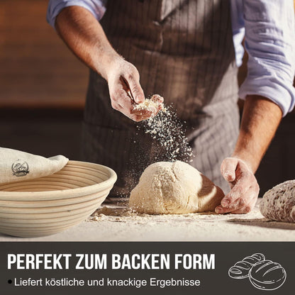 Walfos Gärkorb Set Rundes 23cm Brotbacken aus Rattan inkl. Brotmesser & Leinenbezug