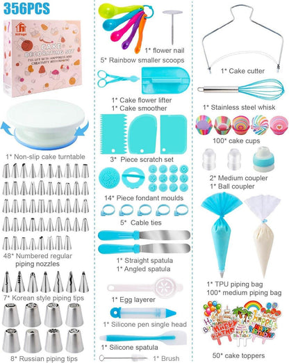 Torten Deko Set 356-teilig Backzubehör Kuchen Zubehör Tortenplatte Spritzbeutel