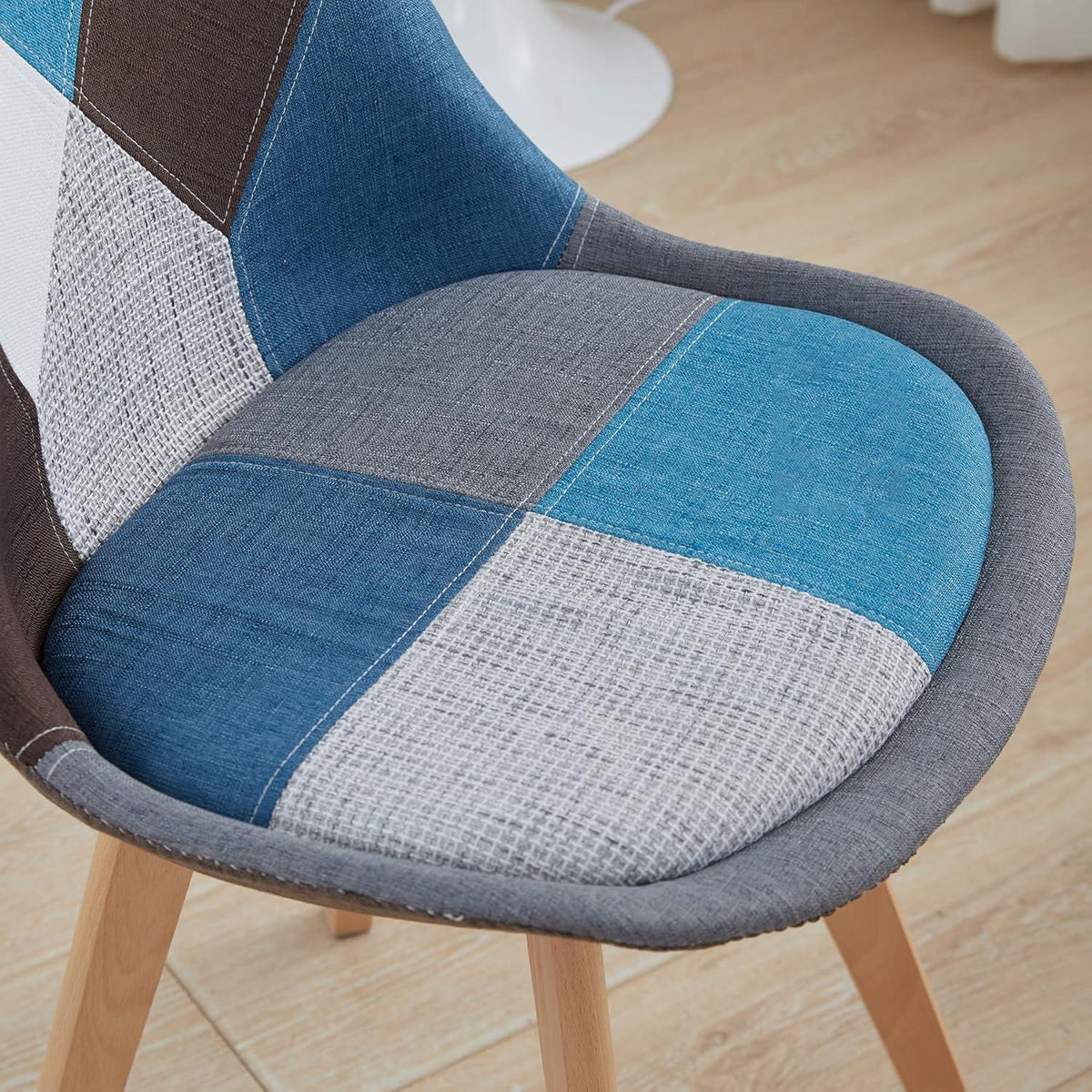 Patchwork Esszimmerstühle Set Blau | 8 Stühle mit Kissen & Holzbeinen