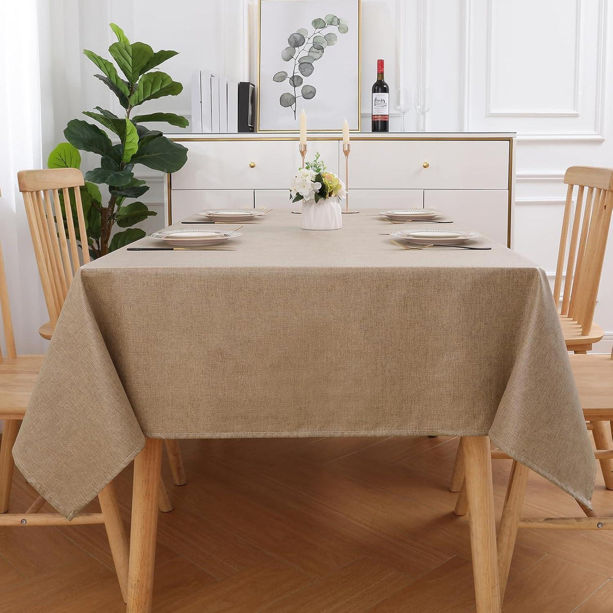 Abwaschbare Leinentischdecke mit Lotuseffekt, Hellbraun, 140x200 cm