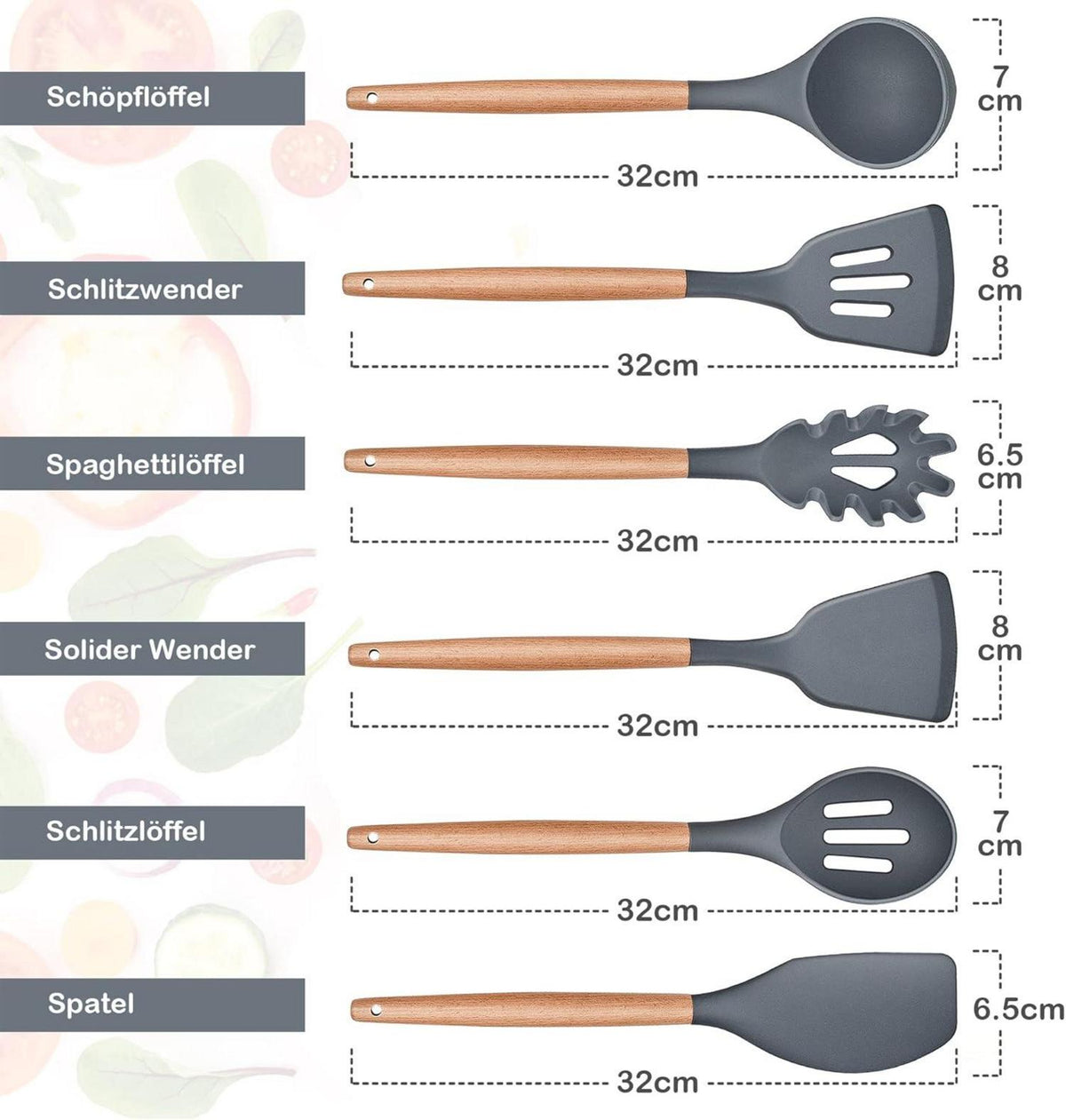 Silikon Kochutensilien Set 6-teilig mit Holzgriff antihaft