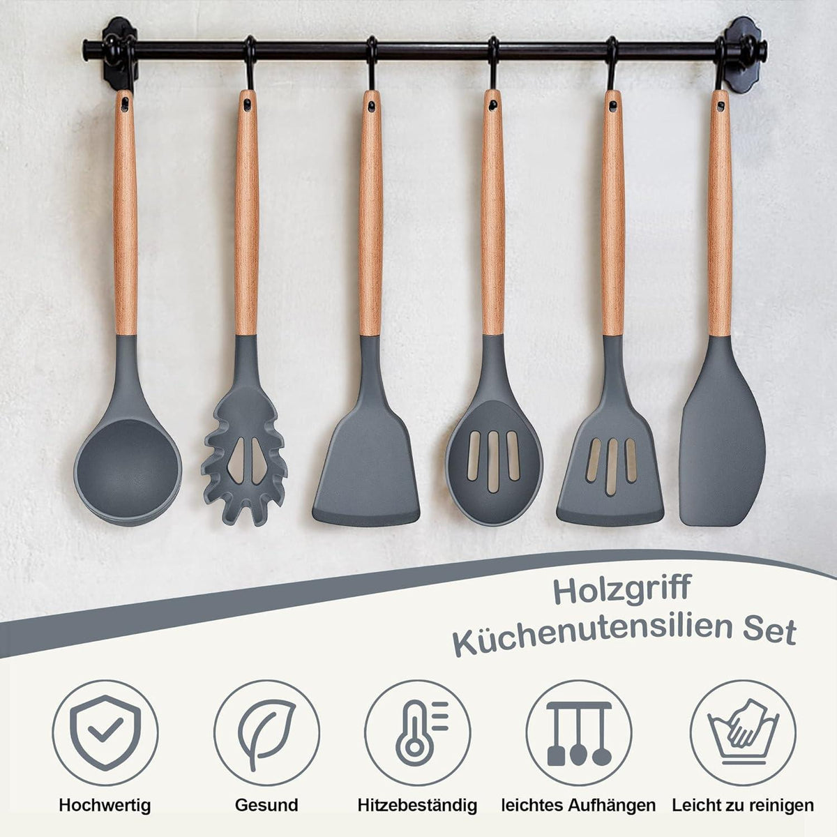 Küchenhelfer Set Silikon Kochutensilien Kochbesteck Holzgriff Grau
