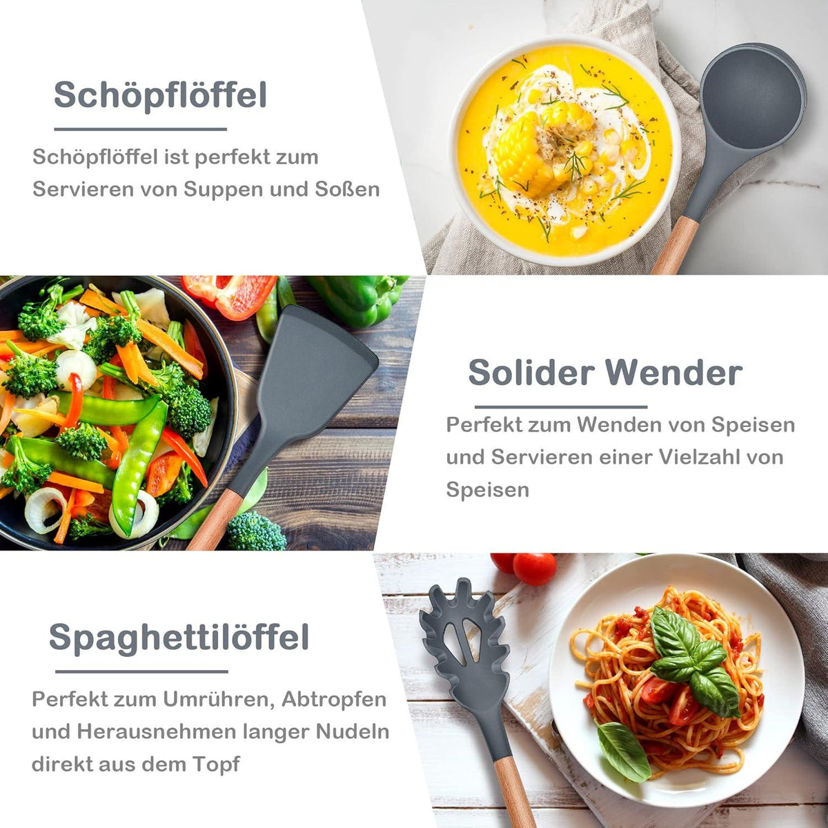 Silikon Küchenhelfer Set mit Holzgriff 6-teilig Grau