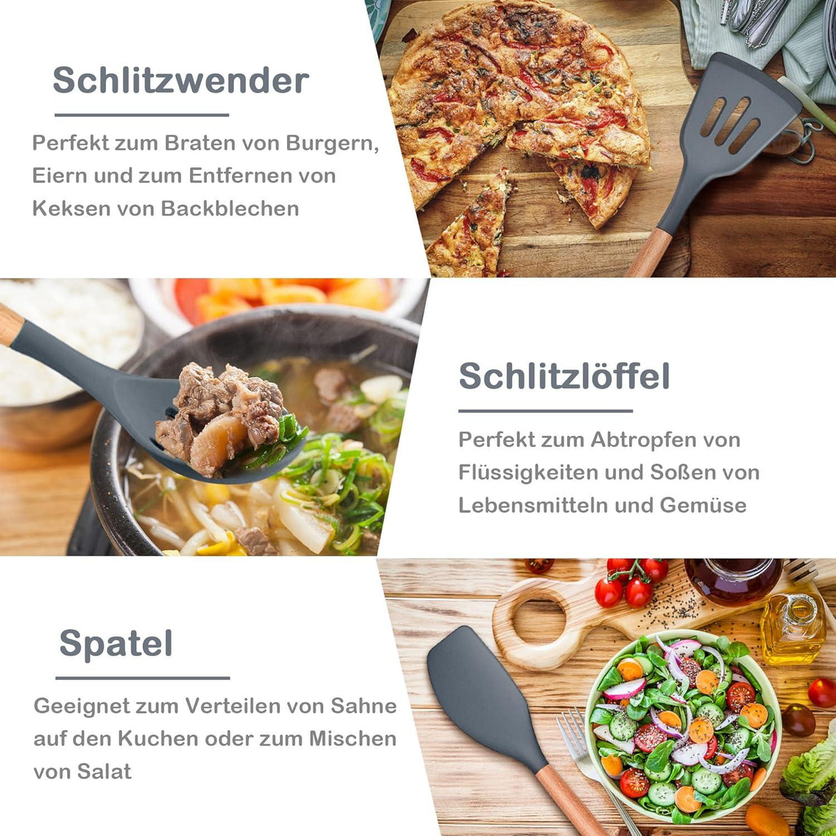 Silikon Küchenhelfer Set 6-teilig mit Holzgriff Antihaft Grau
